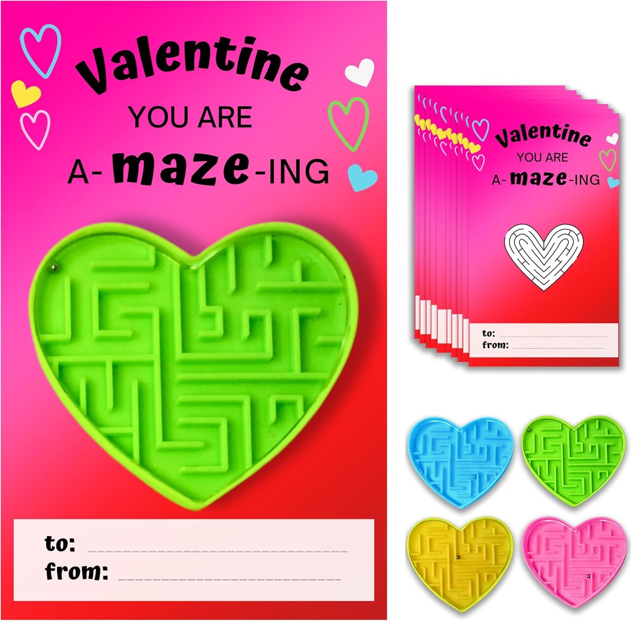 4E's Novelty 36 Pack Valentines Day Maze Cards for Kids Classroom Exchange, Heart Shaped Mini Maze Toys with Valentine Cards, Candy Alternative Party Favors for Boys Girls